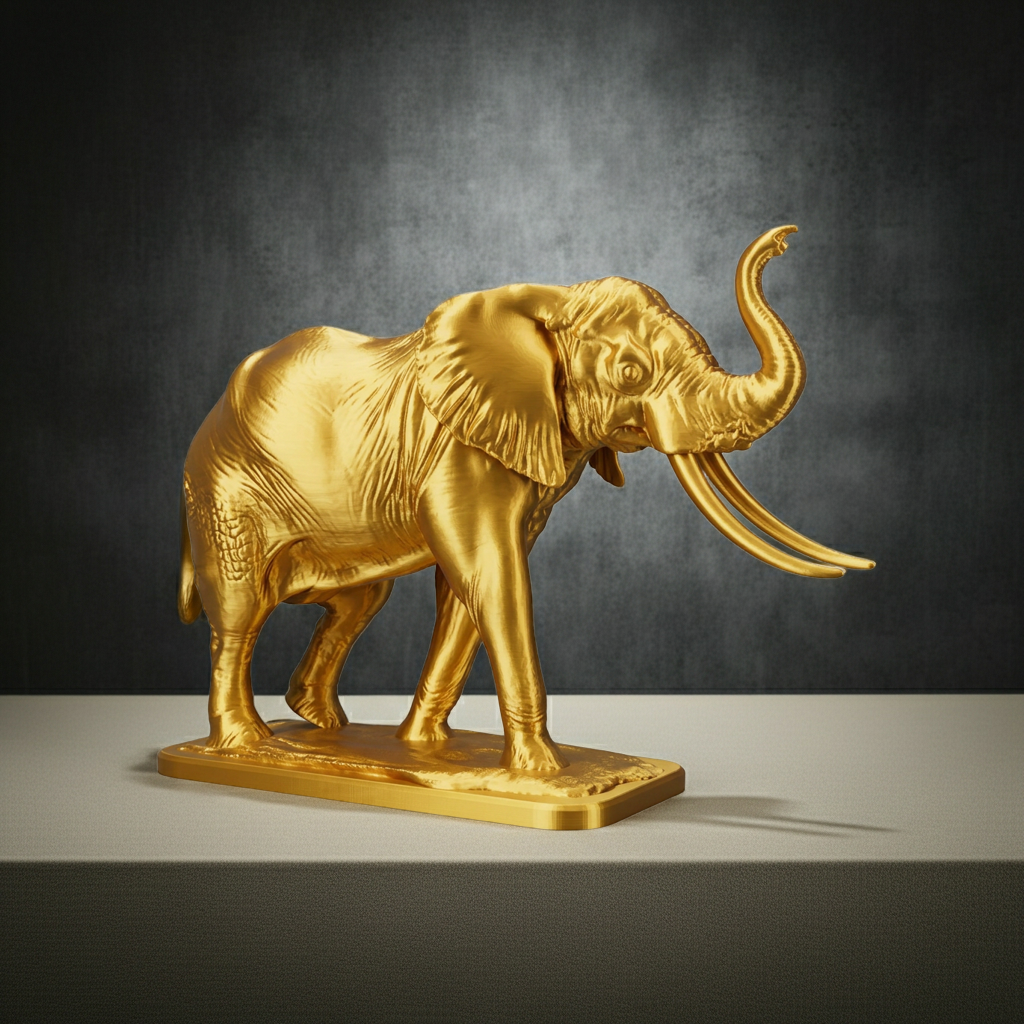 The Majestic Elephant Sculpture in gold PLA finish by MokshaGoldSculptures, trunk raised, decorative statue.