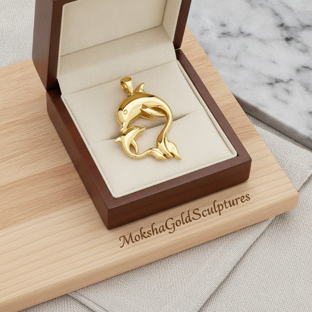 The Dolphin Mother & Baby Pendant Necklace in high-polished 18K white gold by MokshaGoldSculptures.