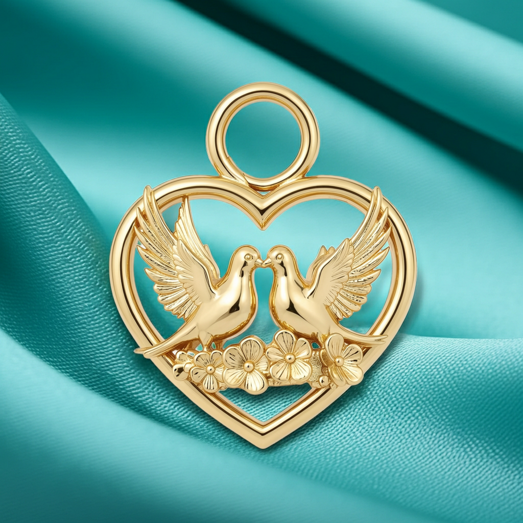 Solid Gold Heart and Dove Pendant - Romantic Love Bird Charm Necklace