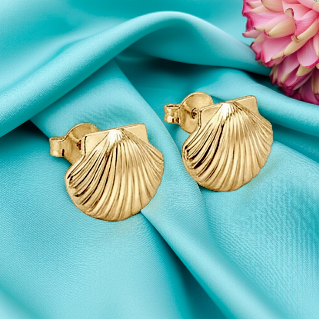 Gold Shell Stud Earrings | 9k 14k 18k Seashell Studs | MokshaGoldSculptures