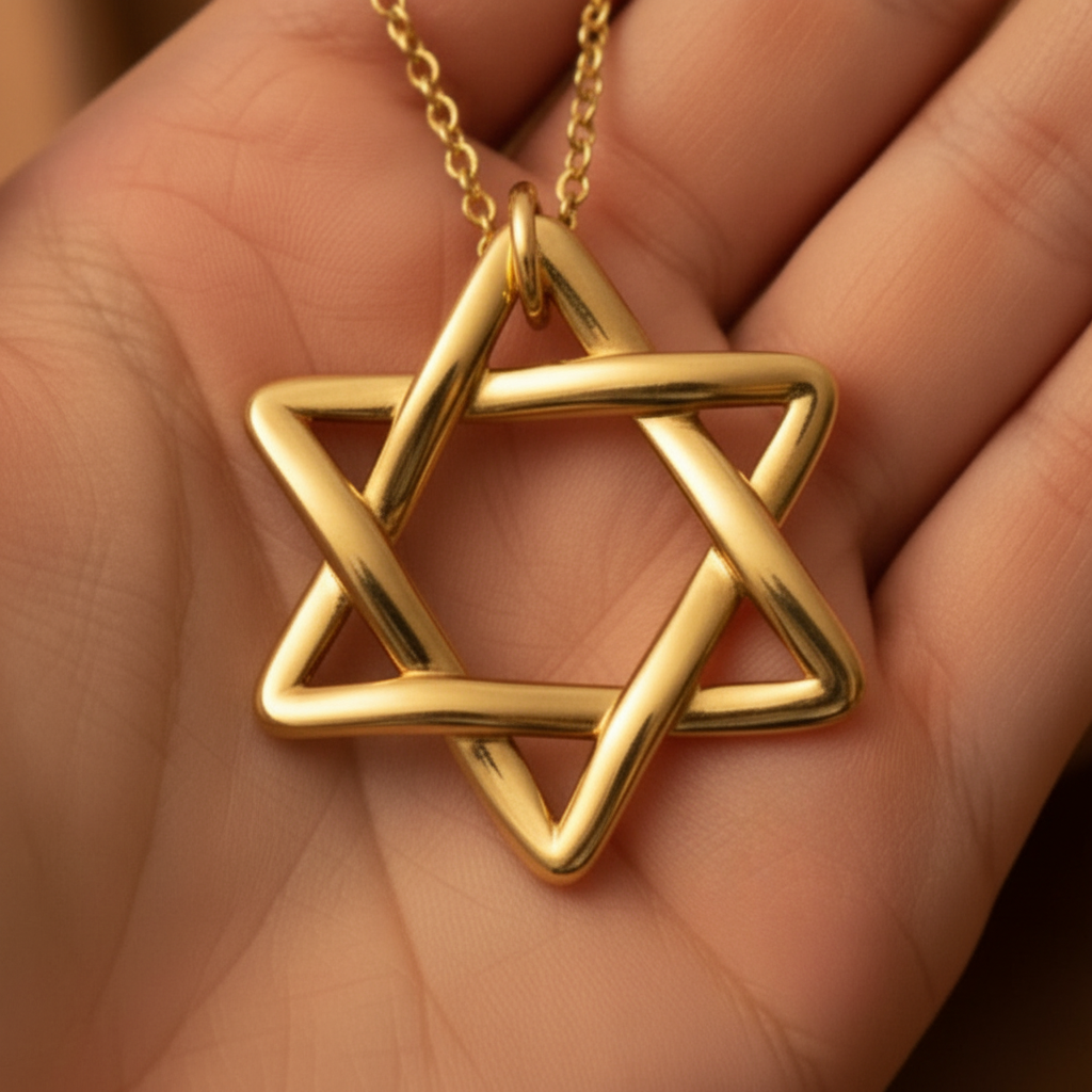 Interlaced Star of David Pendant Necklace in 18K gold and sterling silver by MokshaGoldSculptures.
