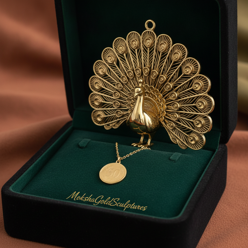 Peacock Pendant Necklace in 9K gold with detailed fanned tail by MokshaGoldSculptures, in green velvet box.