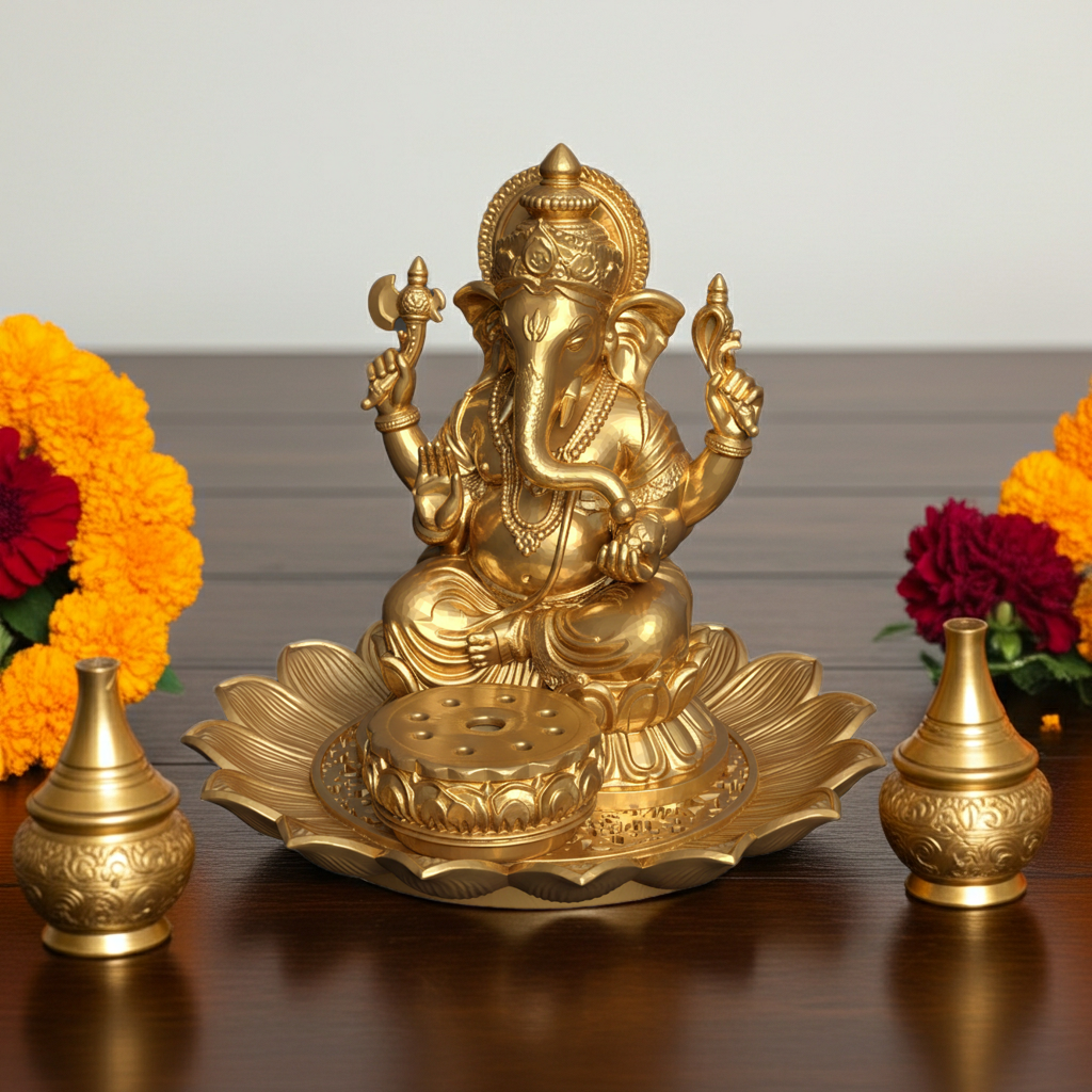 Golden Ganesh Incense Holder with Lotus Base – PLA 3D Printed Spiritual Decor – Meditation Ash Catcher – Hindu Home Temple Gift – Free Shipping