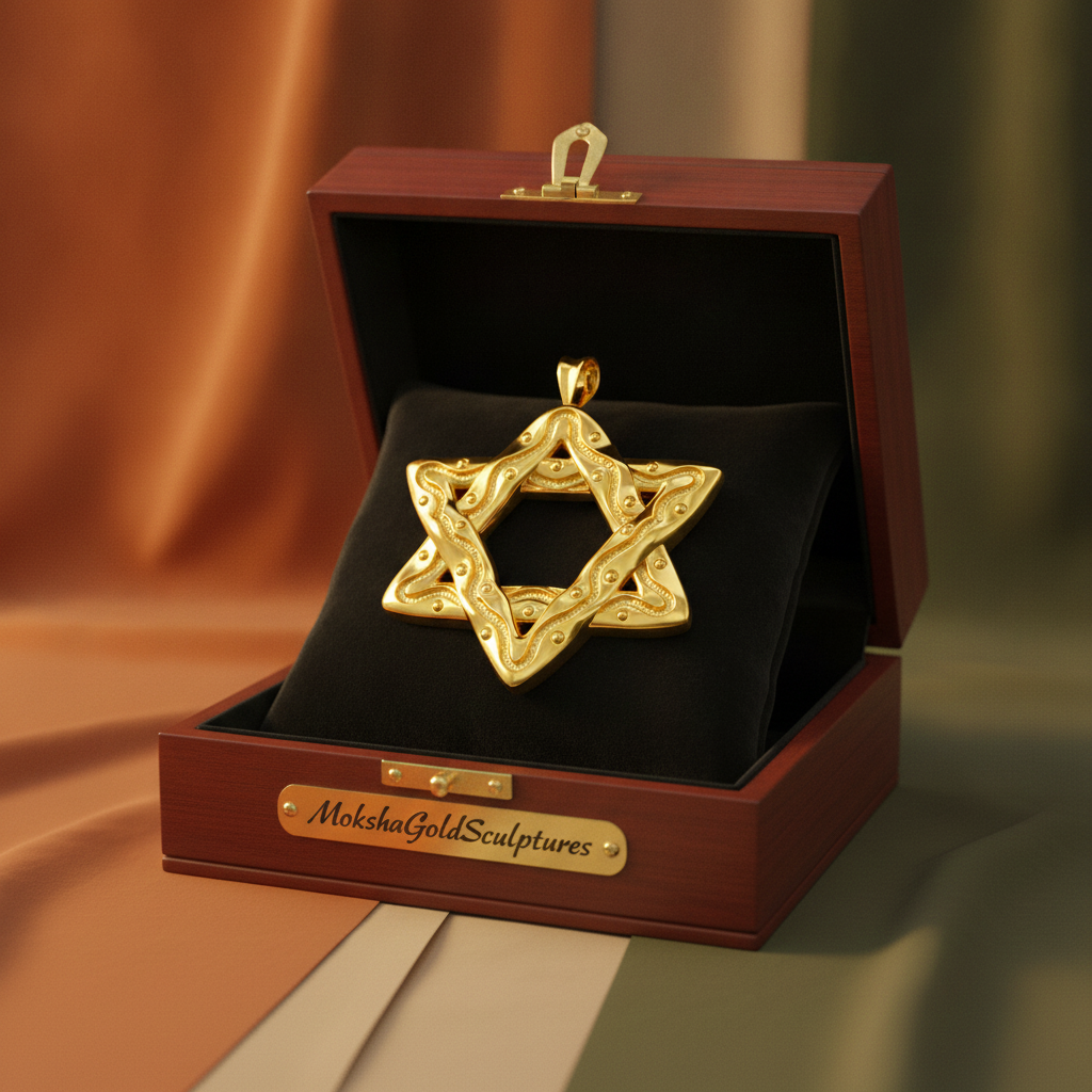 The Interwoven Star of David Pendant Necklace in polished 18K gold by MokshaGoldSculptures.