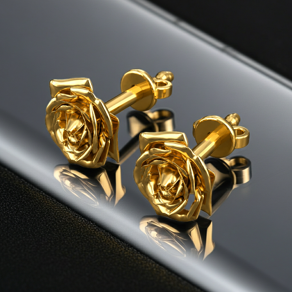 Polished Brass Rose Stud Earrings by MokshaGoldSculptures with floral sculptural design and polished finish.