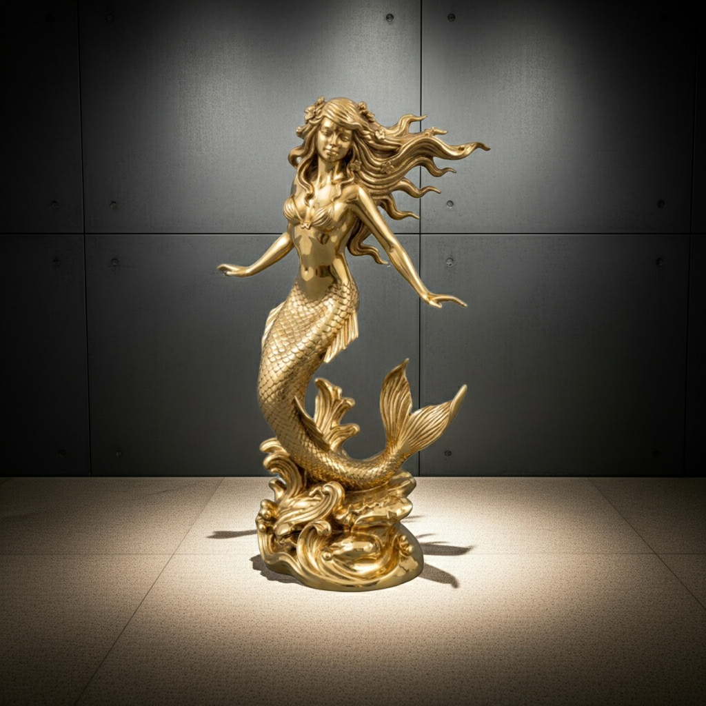 Polished Brass Mermaid Sculpture by MokshaGoldSculptures; detailed scales, flowing hair, luxury finish.