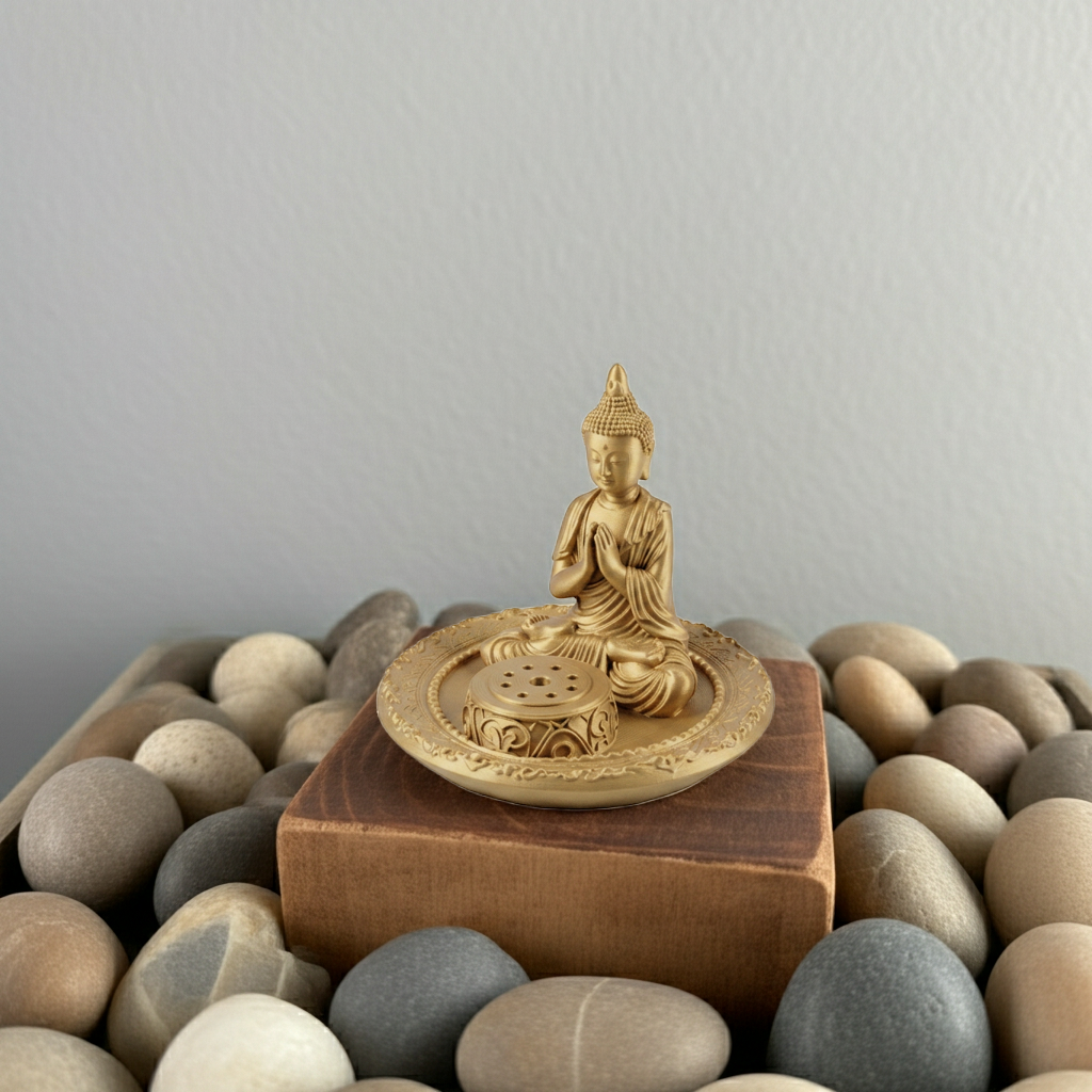 The Buddha Incense Holder Tray in 3D printed gold finish by MokshaGoldSculptures on black, silver & grey resin base.