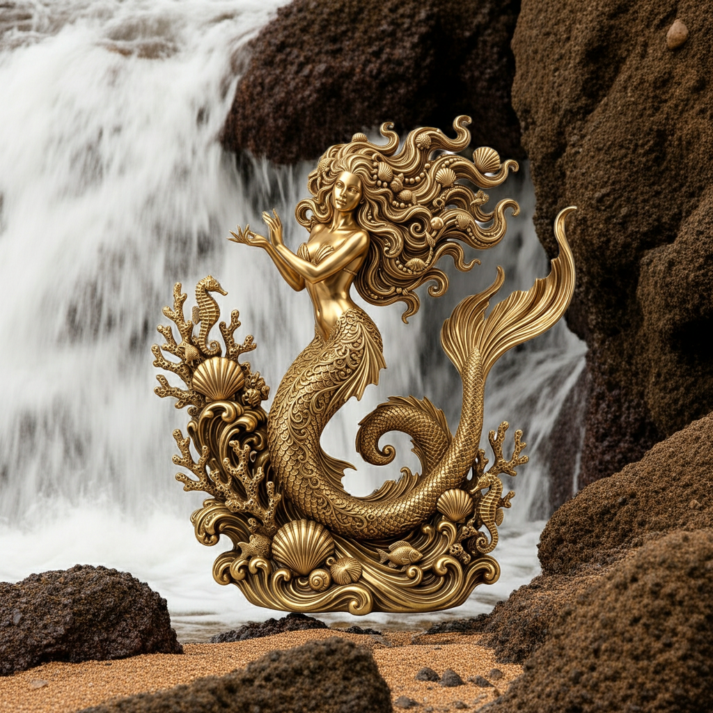 The Golden Mermaid Statue in polished gold finish by MokshaGoldSculptures, detailed with scales and flowing hair.