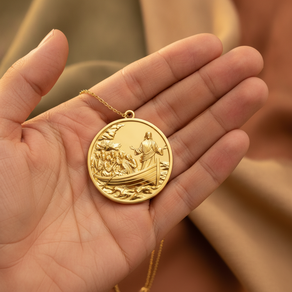 Jesus Calms the Storm Coin Pendant Necklace | 30mm Christian Medallion | 18K Gold, Sterling Silver or Yellow Brass | Religious Gift