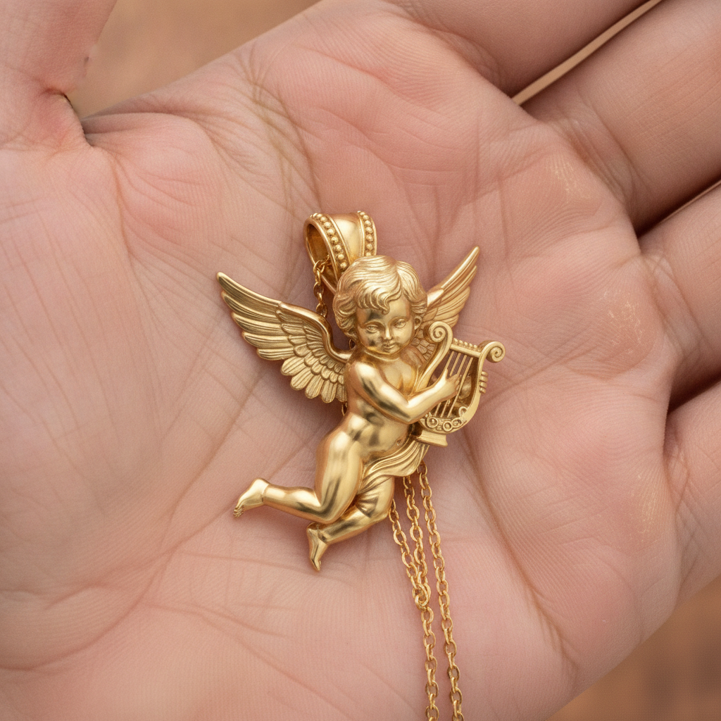 Golden Cherub Harp Pendant Necklace, Guardian Angel Jewelry, 9K Gold Angel Pendant, Sterling Silver Cherub Necklace, Religious Gift