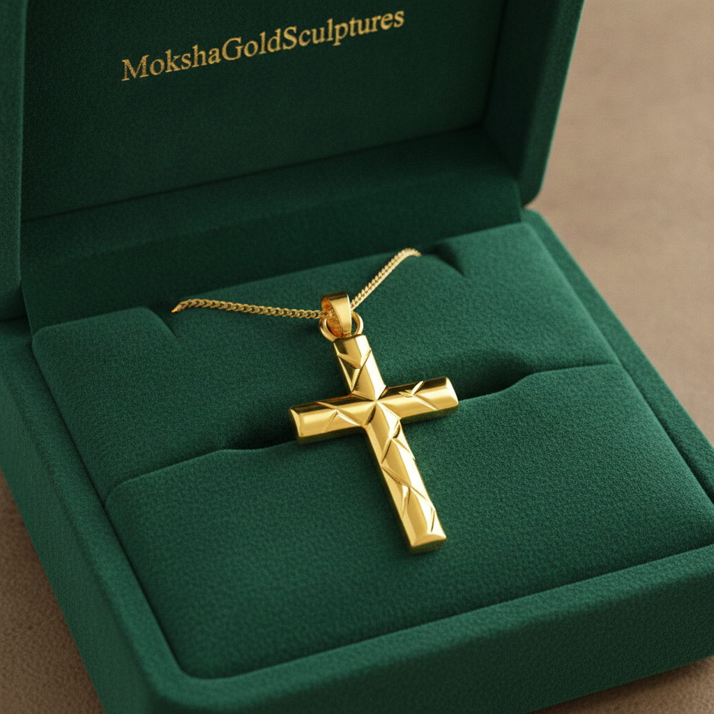 The Faceted Cross Pendant Necklace in 9K gold by MokshaGoldSculptures, geometric design, on green velvet.
