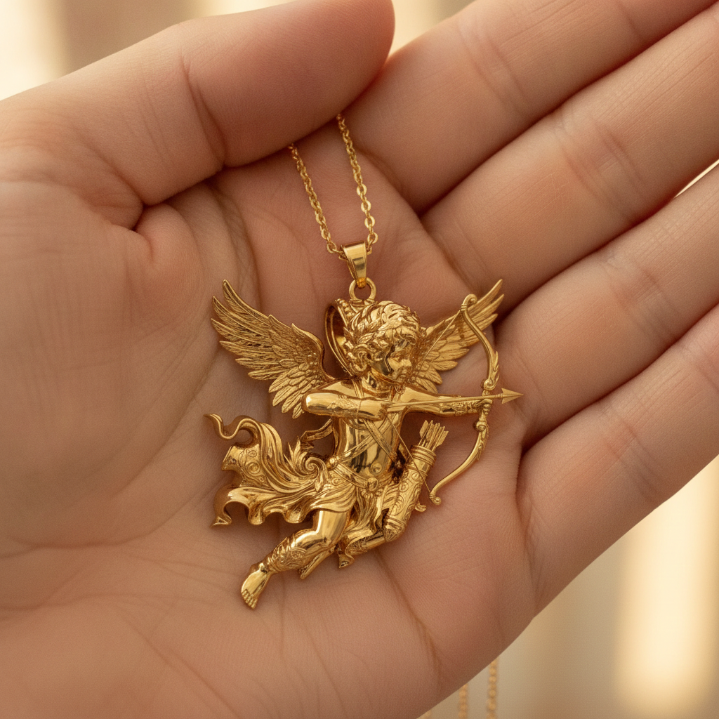 Winged Cupid Archer Pendant Necklace | Cherub Angel with Bow & Arrow | Handmade in 9K Gold, Sterling Silver & Yellow Brass