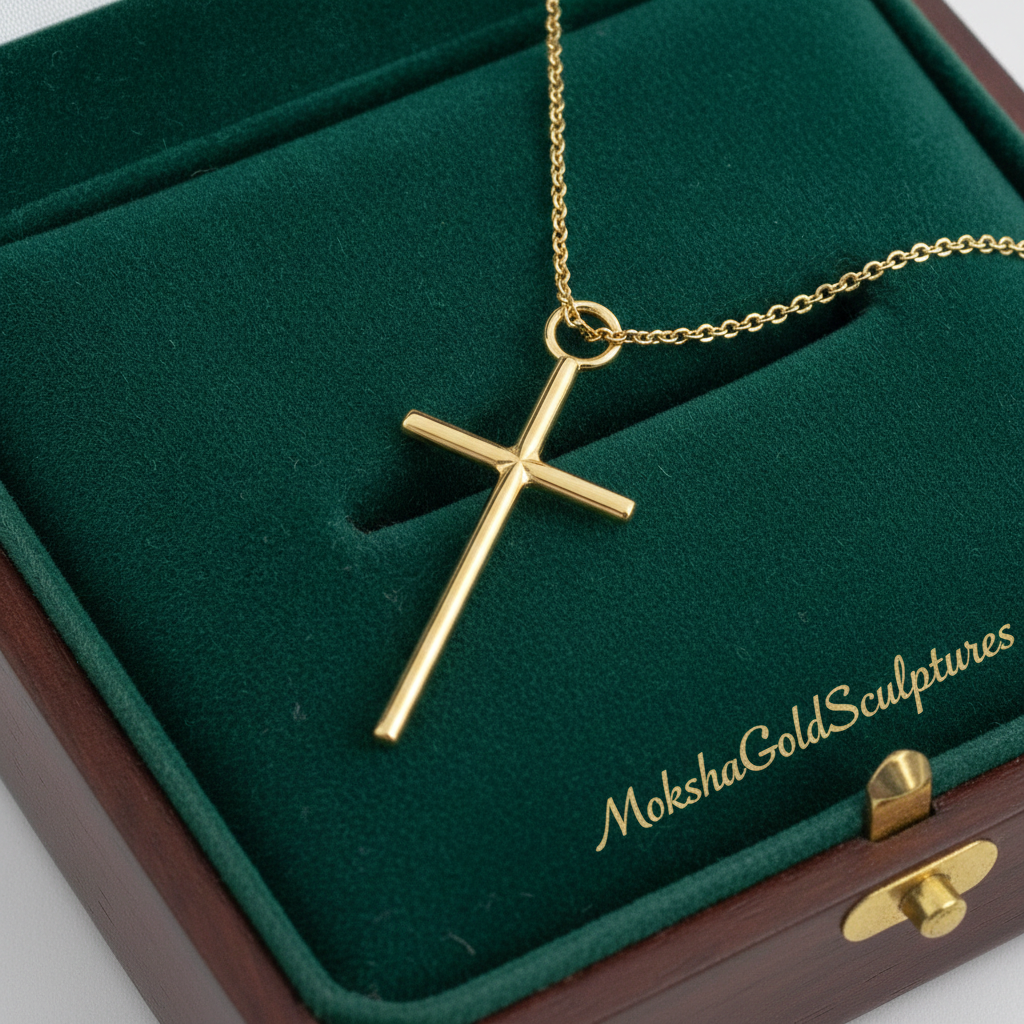 The Minimalist Cross Pendant Necklace in 9K Gold by MokshaGoldSculptures, shown in green velvet box with gold branding.