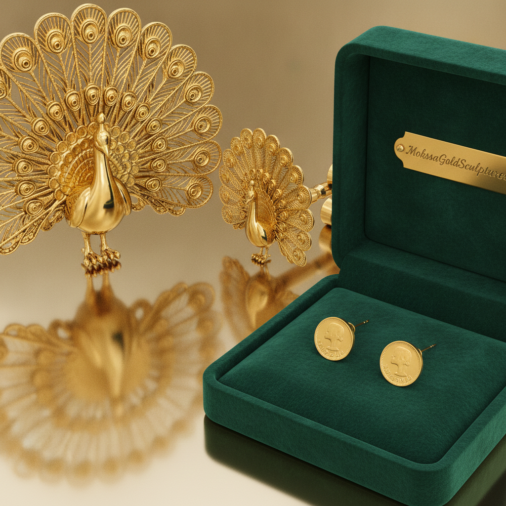 Peacock Stud Earrings in 9K gold by MokshaGoldSculptures, polished finish, shown in a green velvet box.