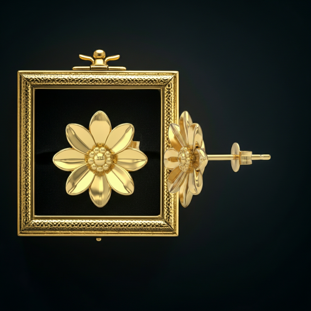 Polished Brass Flower Stud Earrings by MokshaGoldSculptures with botanical detail shown in a square frame.