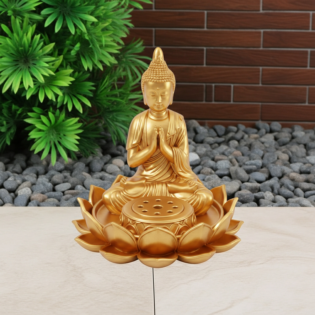 The Lotus Buddha Incense Holder in matte PLA by MokshaGoldSculptures, shown among pebbles and greenery.