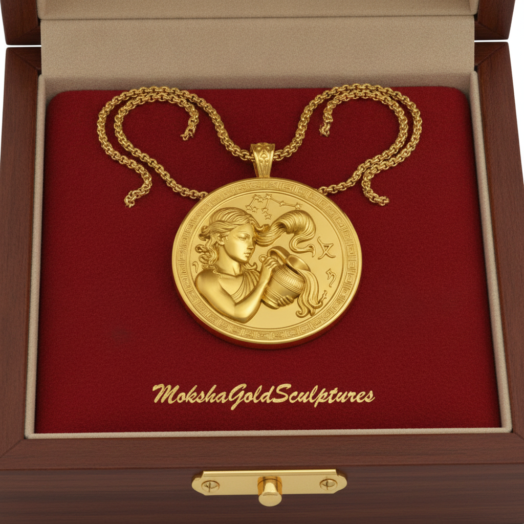 Aquarius Zodiac Pendant Necklace in 9K gold, sterling silver, or yellow brass by MokshaGoldSculptures.