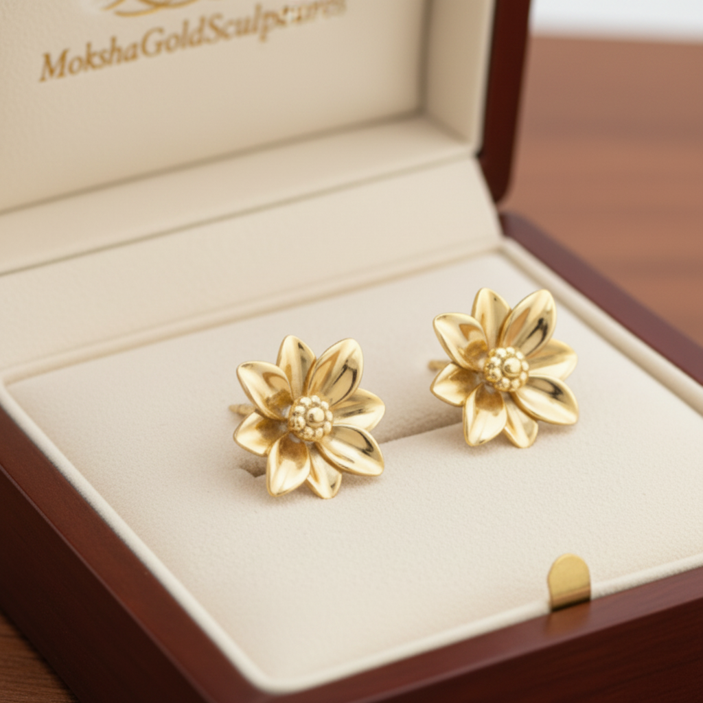 Flower stud earrings in polished brass finish by MokshaGoldSculptures, shown in a cream and wood branded jewelry box.