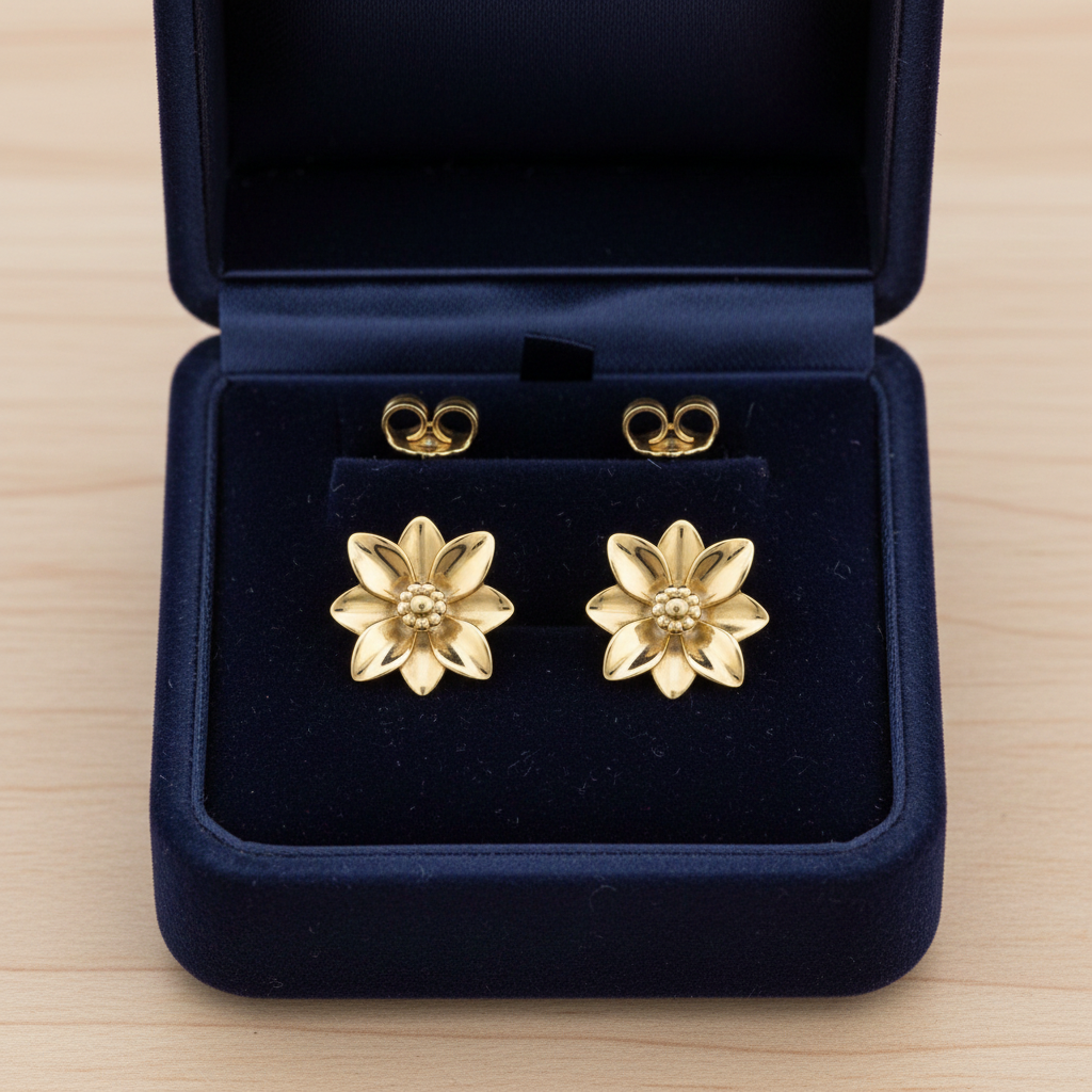 Polished brass flower stud earrings by MokshaGoldSculptures in a dark blue velvet box, botanical design.