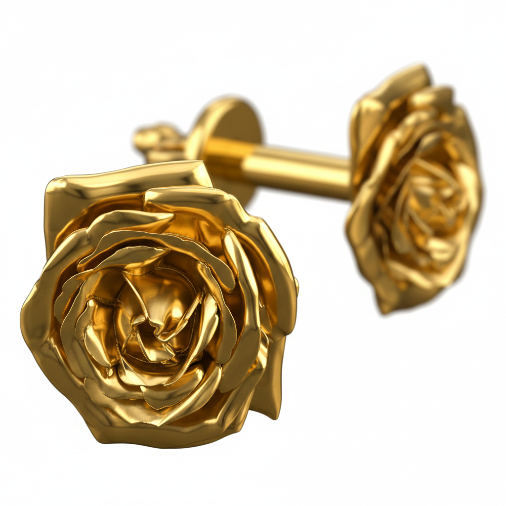 Polished Brass Rose Stud Earrings with glossy finish by MokshaGoldSculptures.