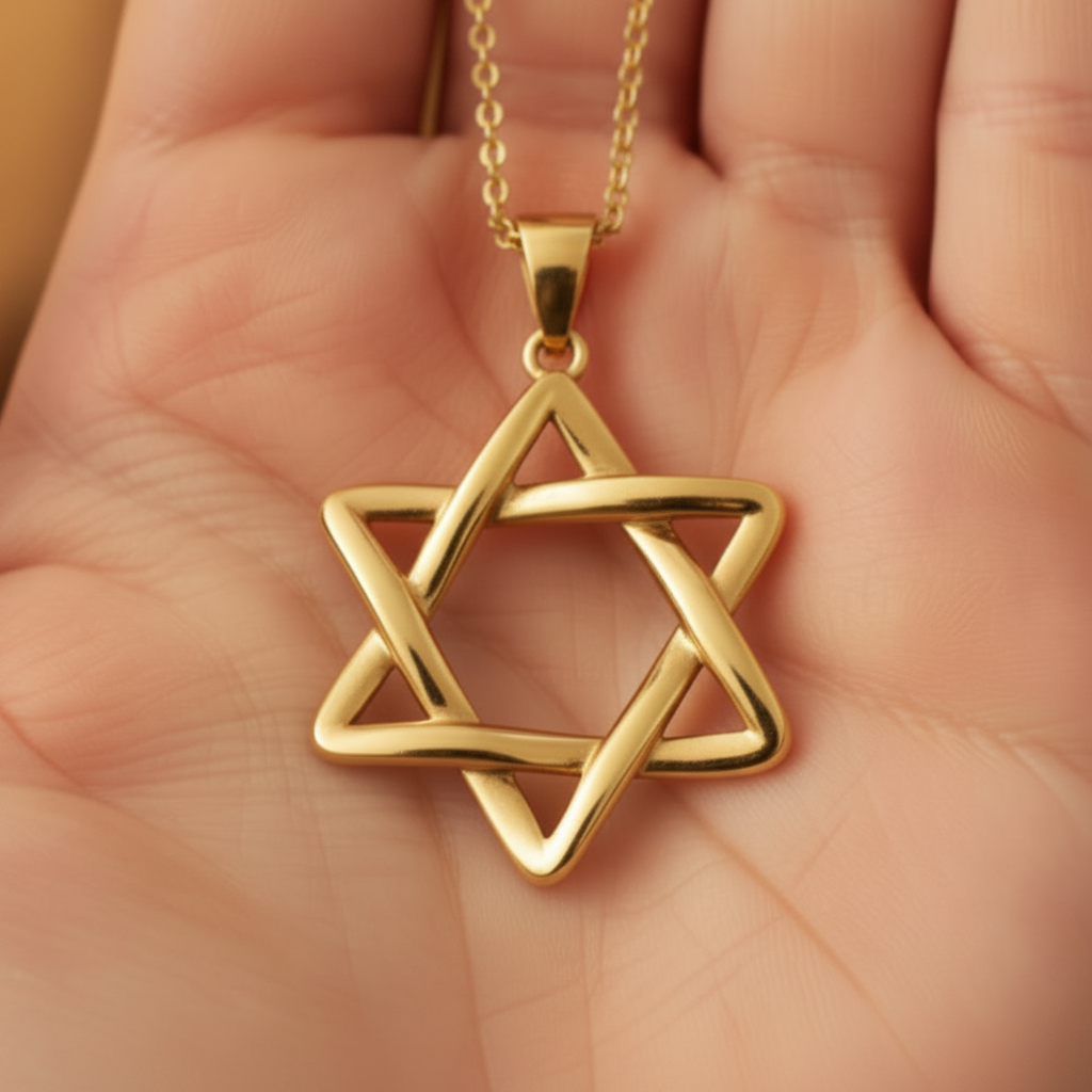 The Interlaced Star of David Pendant Necklace in 18K gold by MokshaGoldSculptures, minimalist hexagram charm.