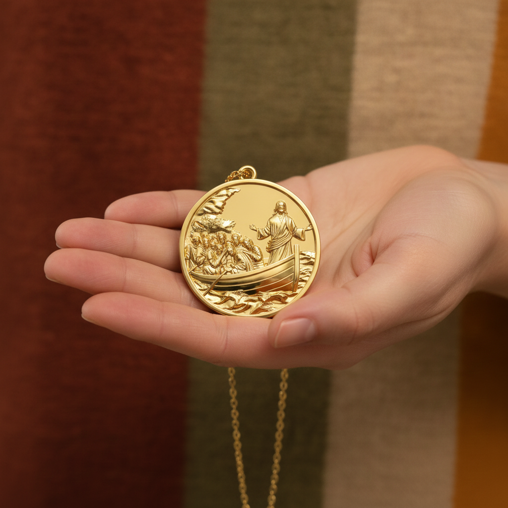Jesus Calms the Storm Coin Pendant Necklace | 30mm Christian Medallion | 18K Gold, Sterling Silver or Yellow Brass | Religious Gift