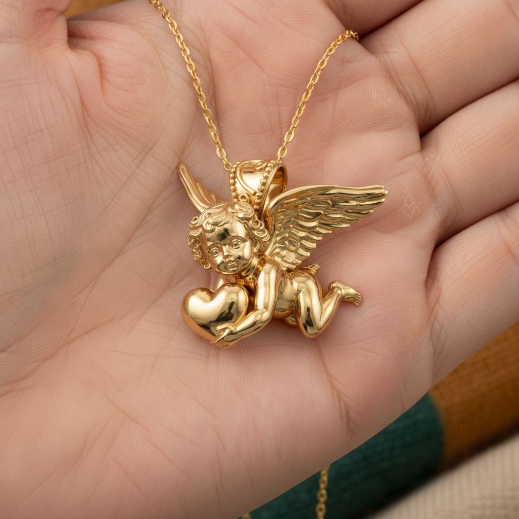 Golden Cherub with Heart Pendant Necklace | Angel of Love & Protection | 9K Gold, Sterling Silver or Polished Brass | Handmade Religious Jewelry Gift