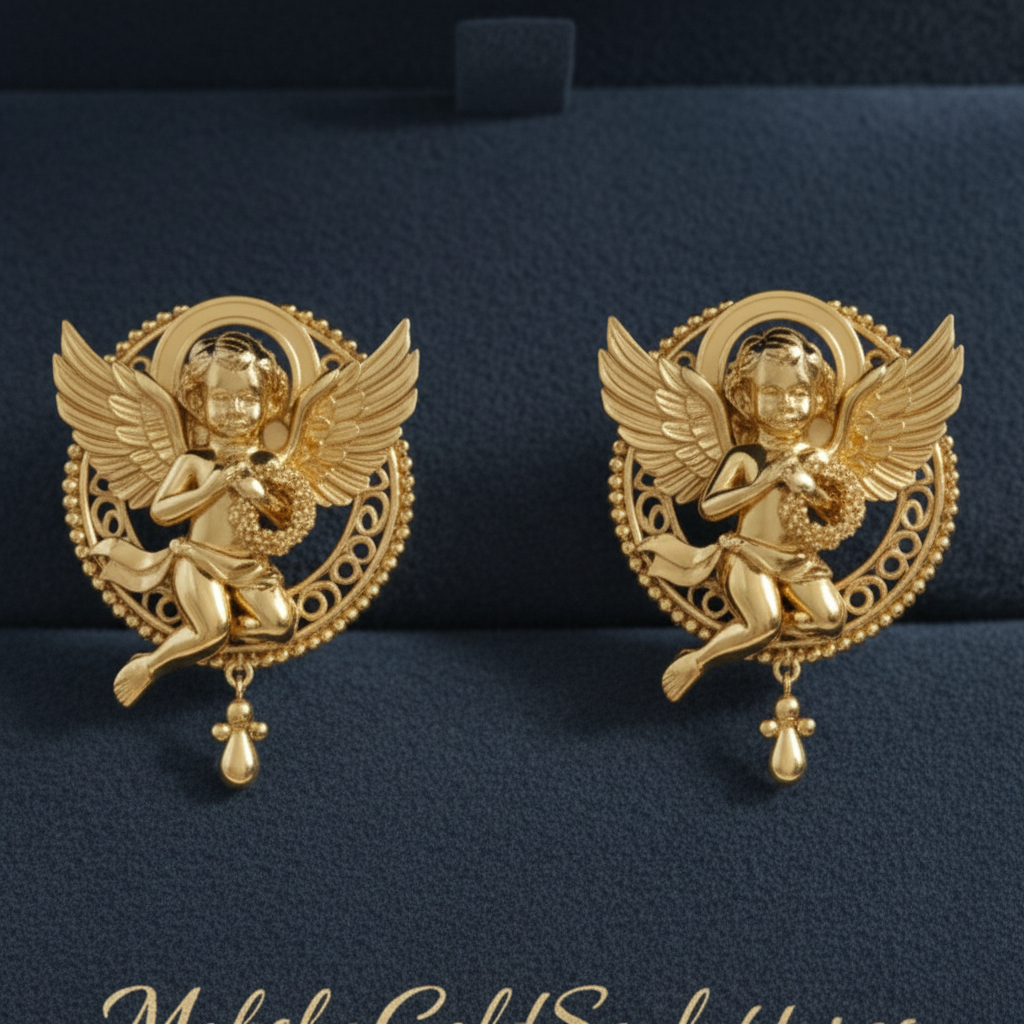 Golden Cherub Angel Stud Earrings | Guardian Angel Jewelry | 9K Gold, Sterling Silver & Yellow Brass | Handmade Religious Gift