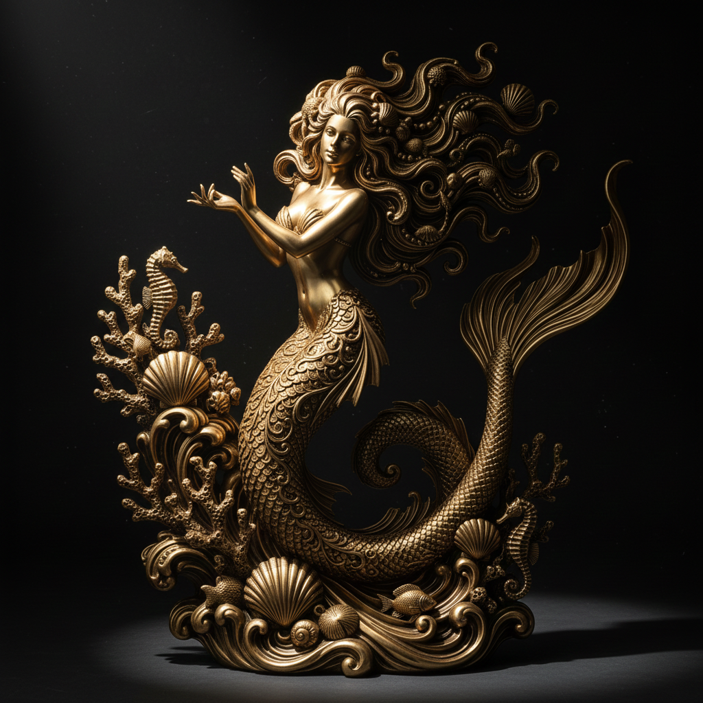 The Golden Mermaid Statue 250mm in gold finish by MokshaGoldSculptures, detailed hair, seashells, and coral.