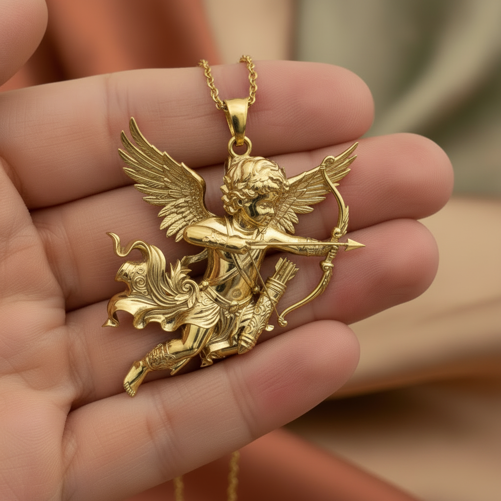 Winged Cupid Archer Pendant Necklace | Cherub Angel with Bow & Arrow | Handmade in 9K Gold, Sterling Silver & Yellow Brass