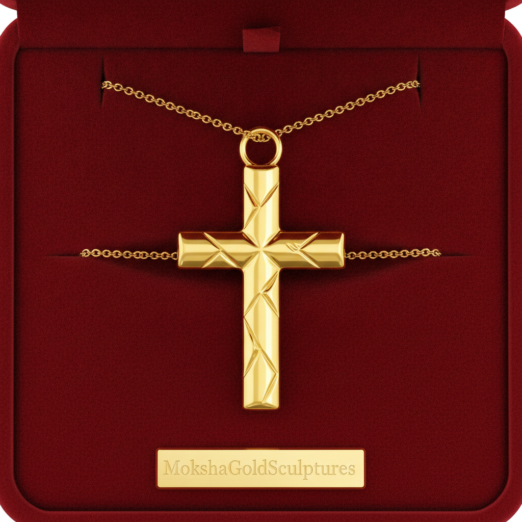 The Faceted Cross Pendant Necklace in 9K gold by MokshaGoldSculptures, geometric charm in red velvet box.