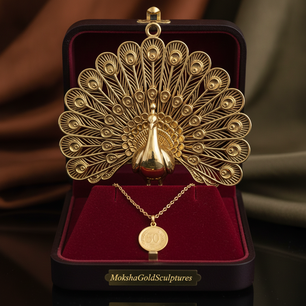 Peacock Pendant Necklace in 9K Gold, Sterling Silver, or Polished Brass by MokshaGoldSculptures in velvet box.