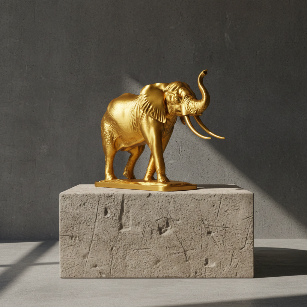 The Majestic Elephant Sculpture in gold finish by MokshaGoldSculptures, handmade PLA, intricate details highlighted.