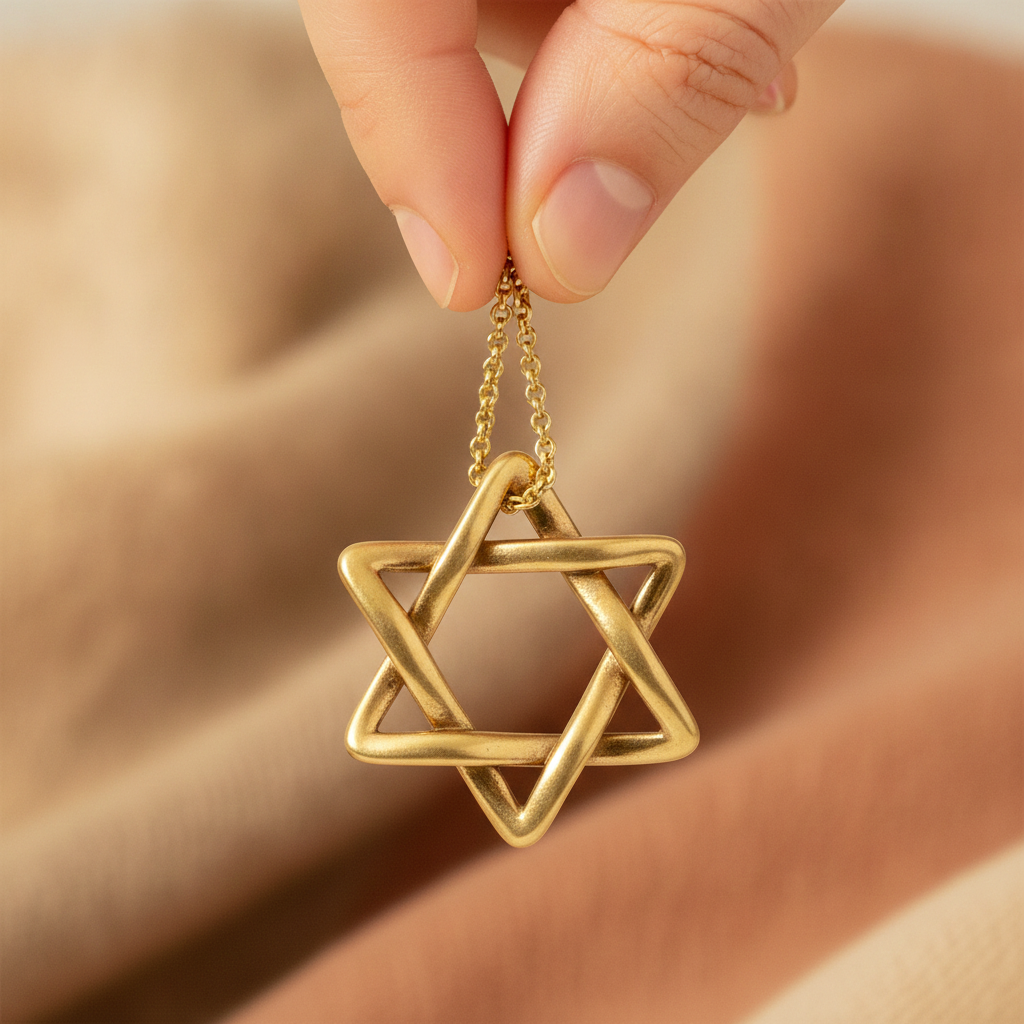 Interlaced Star of David Pendant Necklace in 18K gold by MokshaGoldSculptures on beige and brown fabric background.