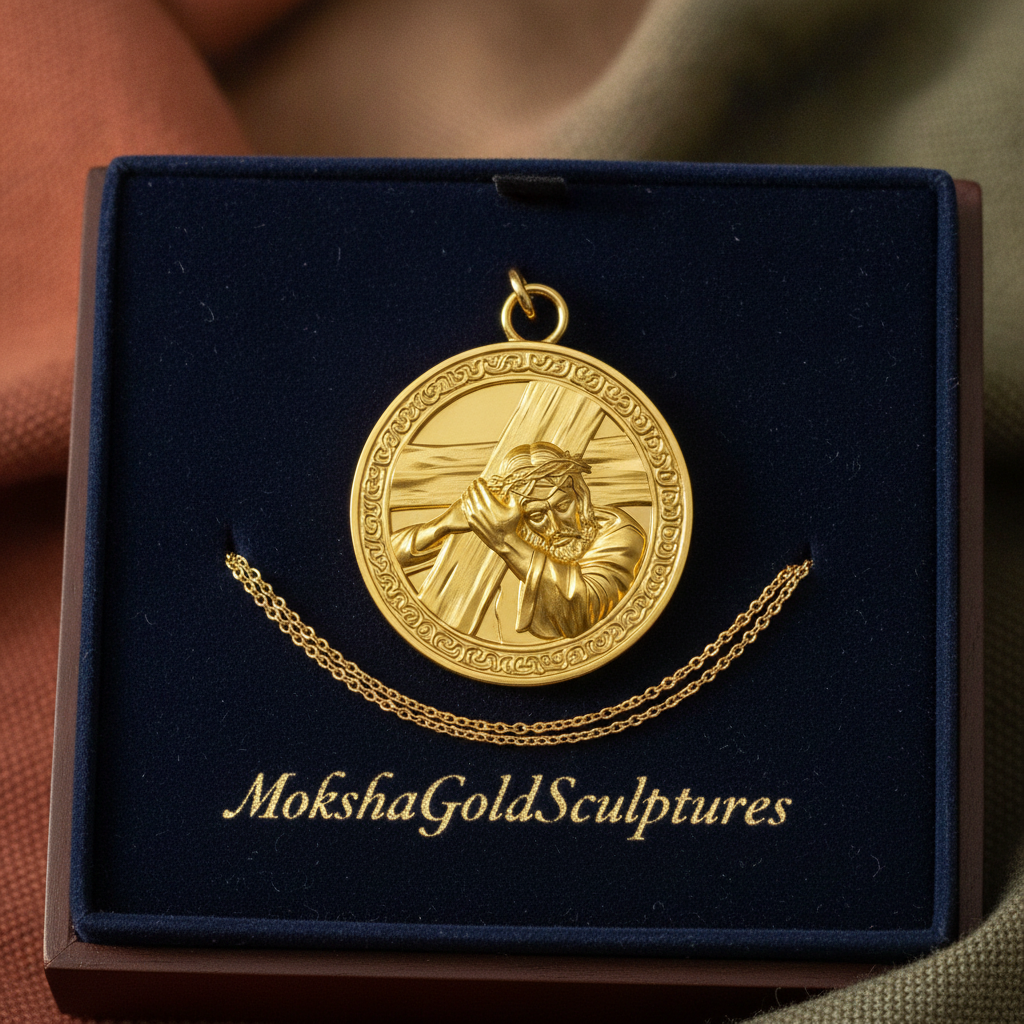 The Jesus Carrying the Cross Medallion Pendant in 9K gold by MokshaGoldSculptures, shown in a velvet box.