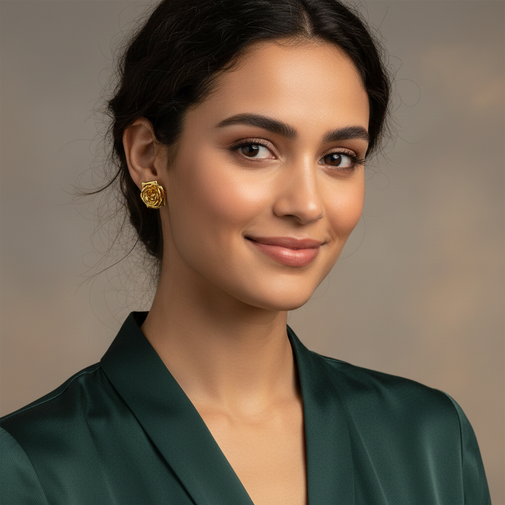 Rose Stud Earrings in polished brass by MokshaGoldSculptures, worn by woman with wavy dark hair, neutral backdrop.