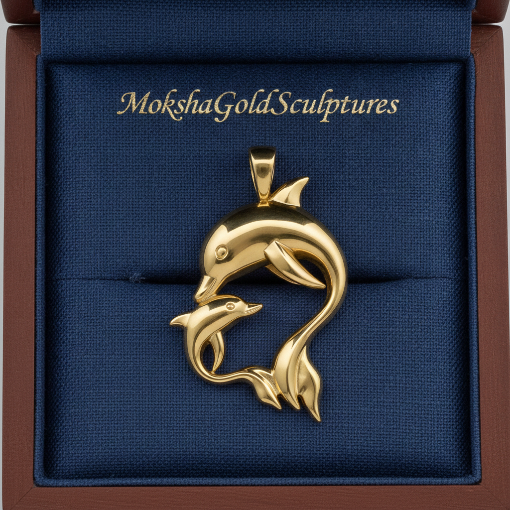 The Dolphin Mother & Baby Pendant Necklace in 18K white gold high polish by MokshaGoldSculptures.