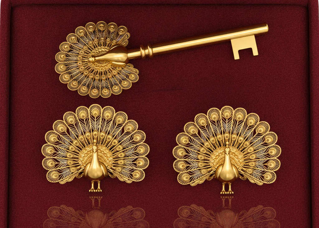 Peacock Stud Earrings in 9K gold fan tail design by MokshaGoldSculptures displayed on maroon background.