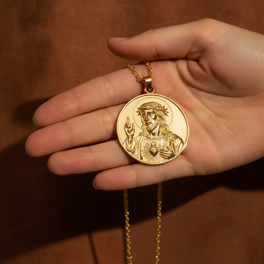 Jesus Sacred Heart Coin Pendant Necklace | 18K Gold Plated, Sterling Silver or Polished Brass | Christian Medallion | Catholic Religious Jewellery | 30mm