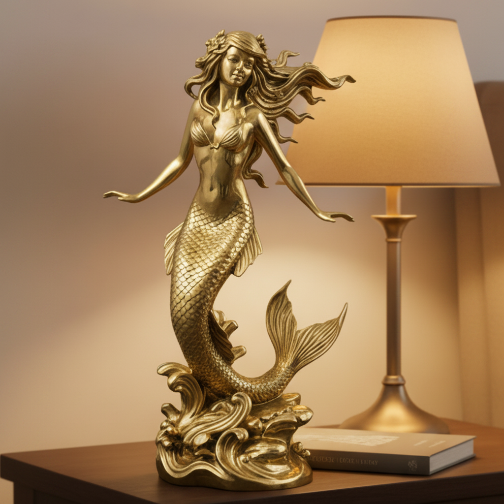 The Polished Brass Mermaid Sculpture in high polish by MokshaGoldSculptures displayed near a lamp and book.