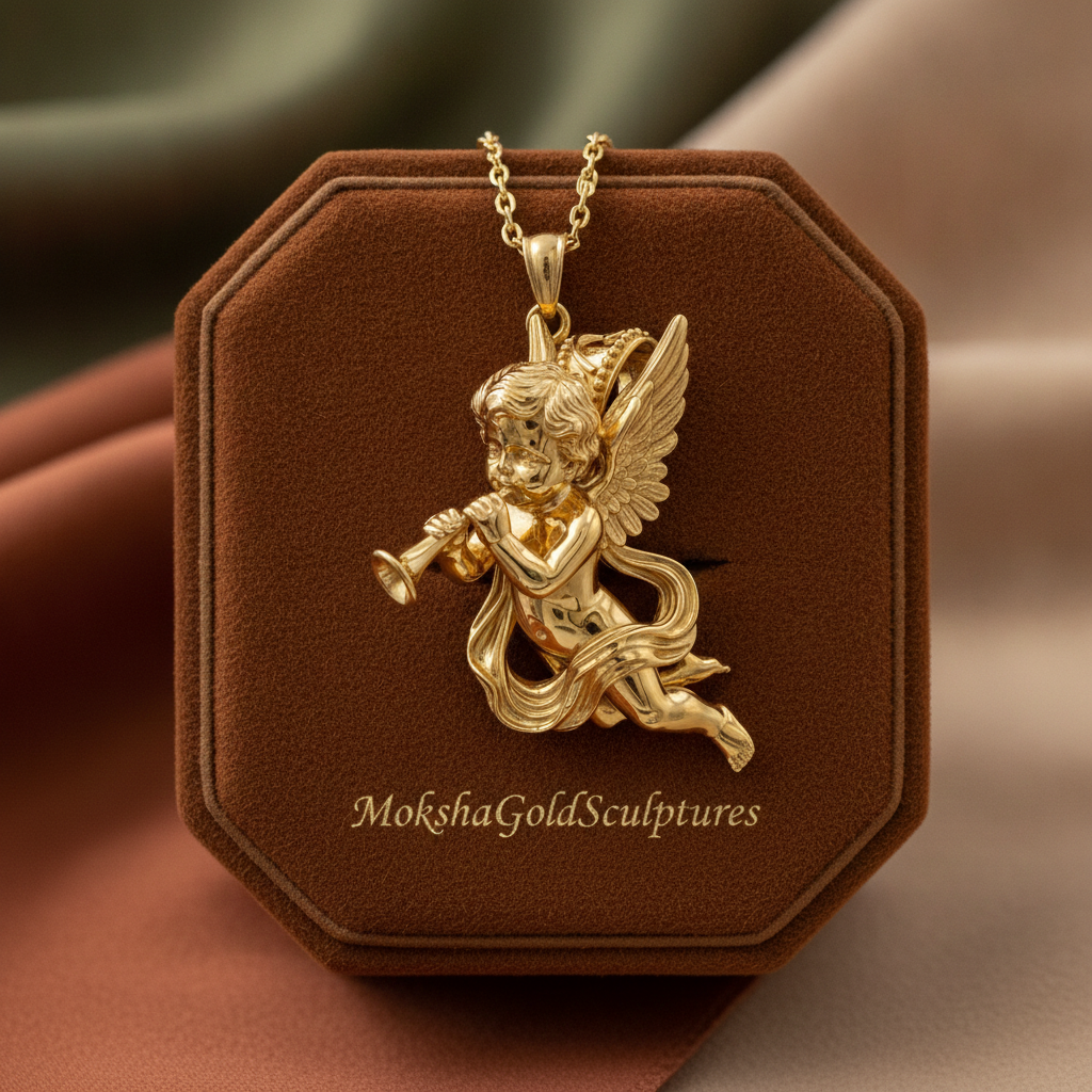 Golden Cherub Flute Pendant Necklace | Guardian Angel Jewelry | 9K Gold, Sterling Silver & Yellow Brass