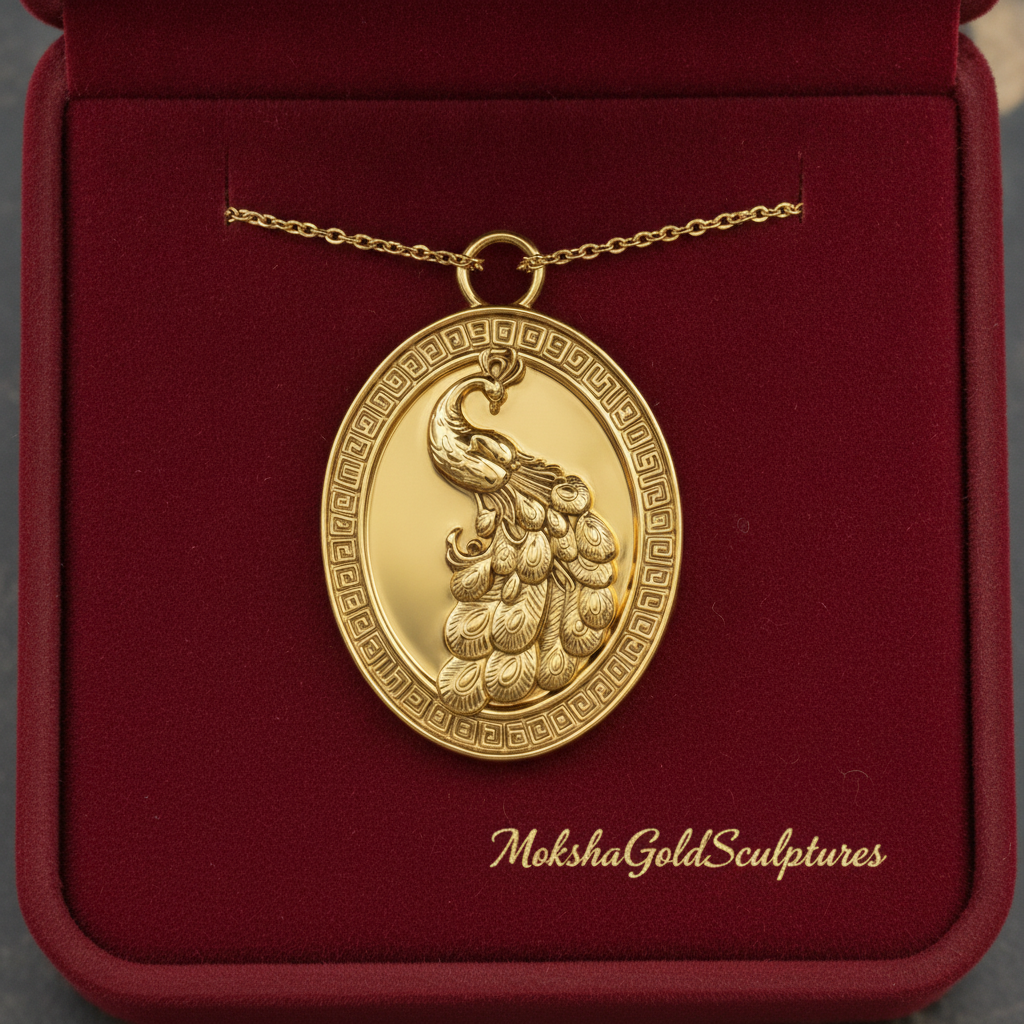 Gothic Peacock Coin Pendant Necklace | 9K Gold, Sterling Silver & Polished Yellow Brass | Art Nouveau Peacock Medallion | Nature Bird Jewelry | Gift for Her