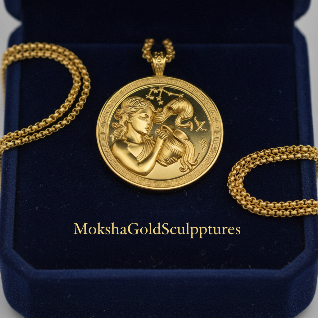 Aquarius Zodiac Pendant Necklace in 9K gold, sterling silver, or brass by MokshaGoldSculptures.