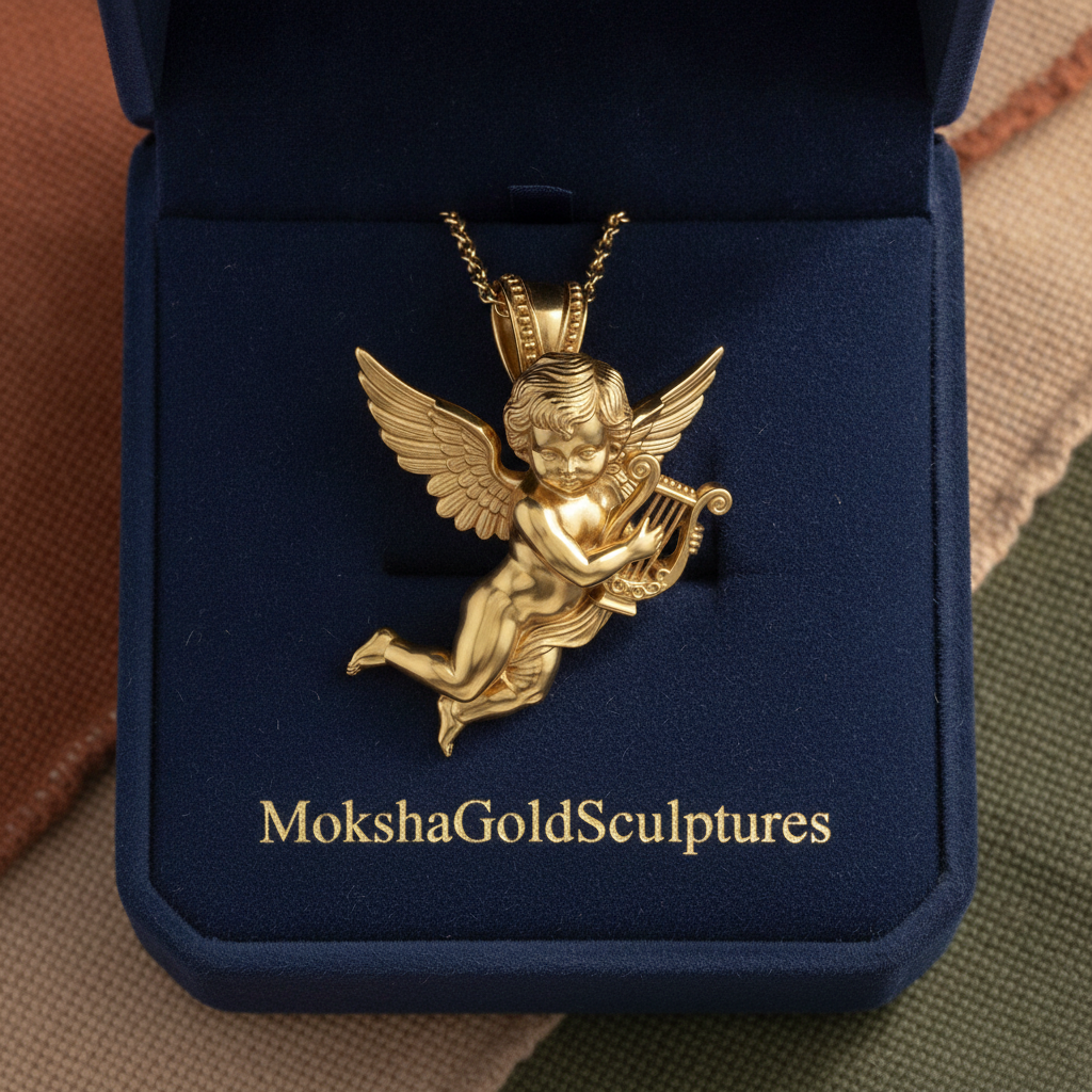Golden Cherub Harp Pendant Necklace, Guardian Angel Jewelry, 9K Gold Angel Pendant, Sterling Silver Cherub Necklace, Religious Gift