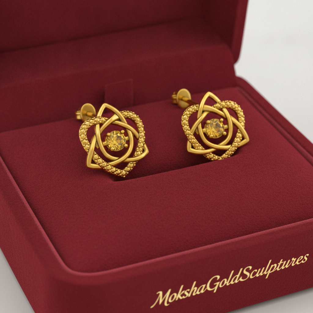Celtic Trinity Knot Heart Stud Earrings in 9K gold, sterling silver, or yellow brass by MokshaGoldSculptures.