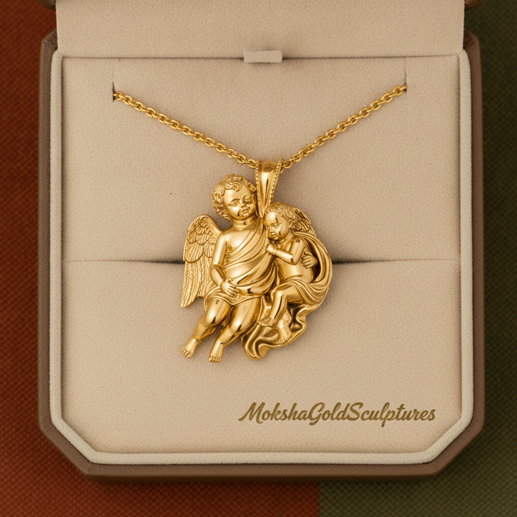 Golden Cherub Duo Pendant Necklace | Guardian Angel Jewelry | 9K Gold, Sterling Silver & Yellow Brass | Handmade Religious Gift