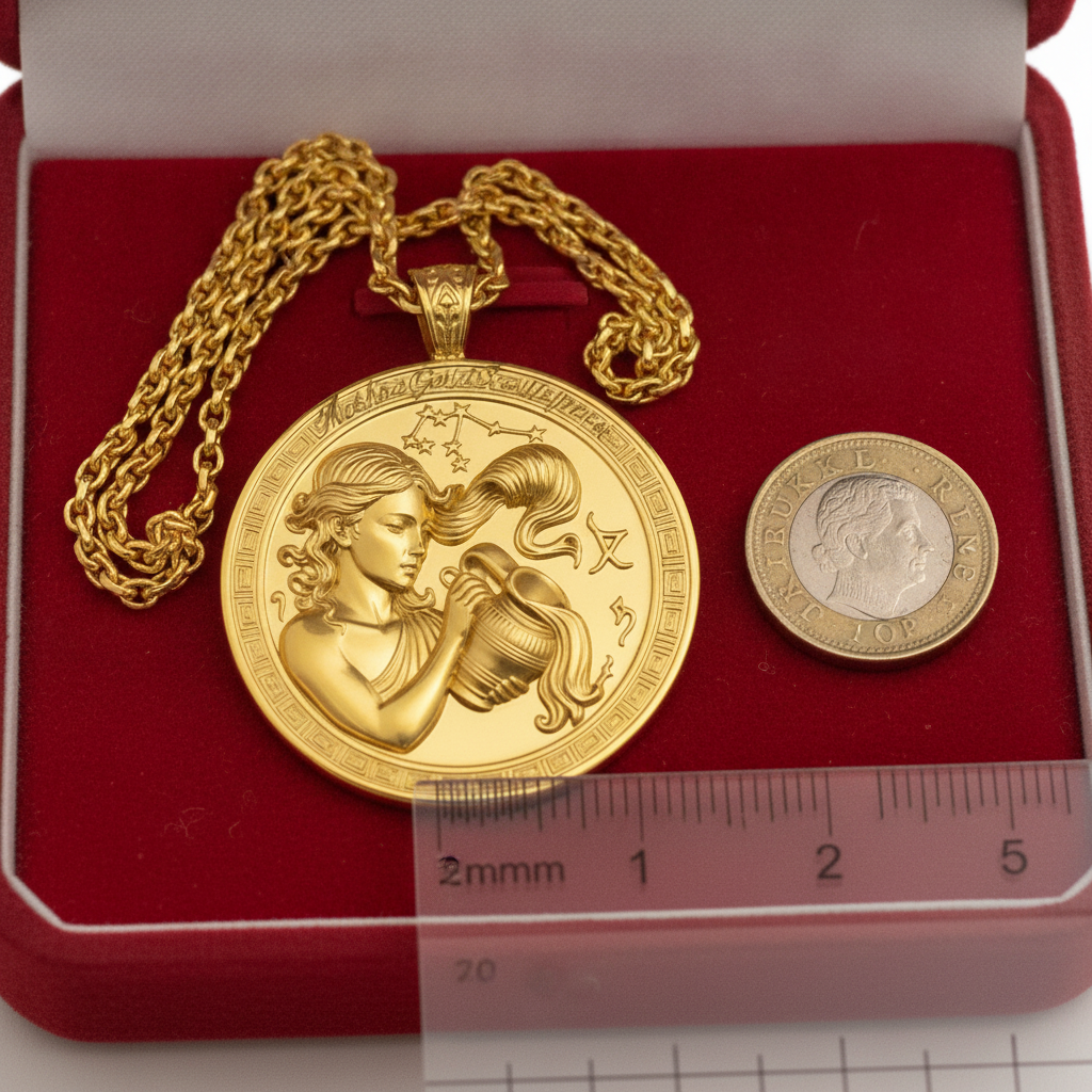 Aquarius Zodiac Medallion Necklace, 25mm Water Bearer Pendant, Greek Astrology Coin Necklace, 9K Gold, Sterling Silver or Yellow Brass, Zodiac Birthday Gift