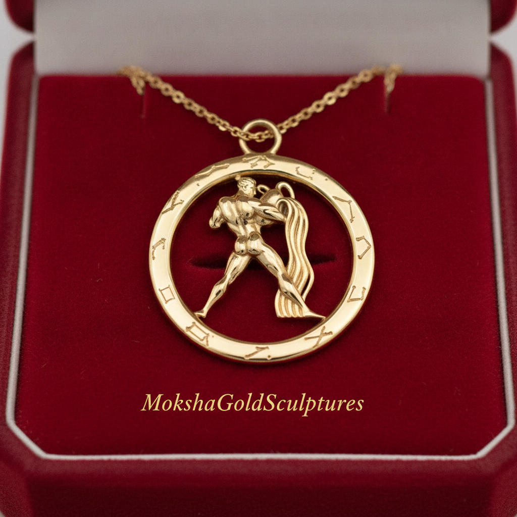Aquarius Zodiac Pendant Necklace in 9K gold, sterling silver, or brass by MokshaGoldSculptures in red velvet box.
