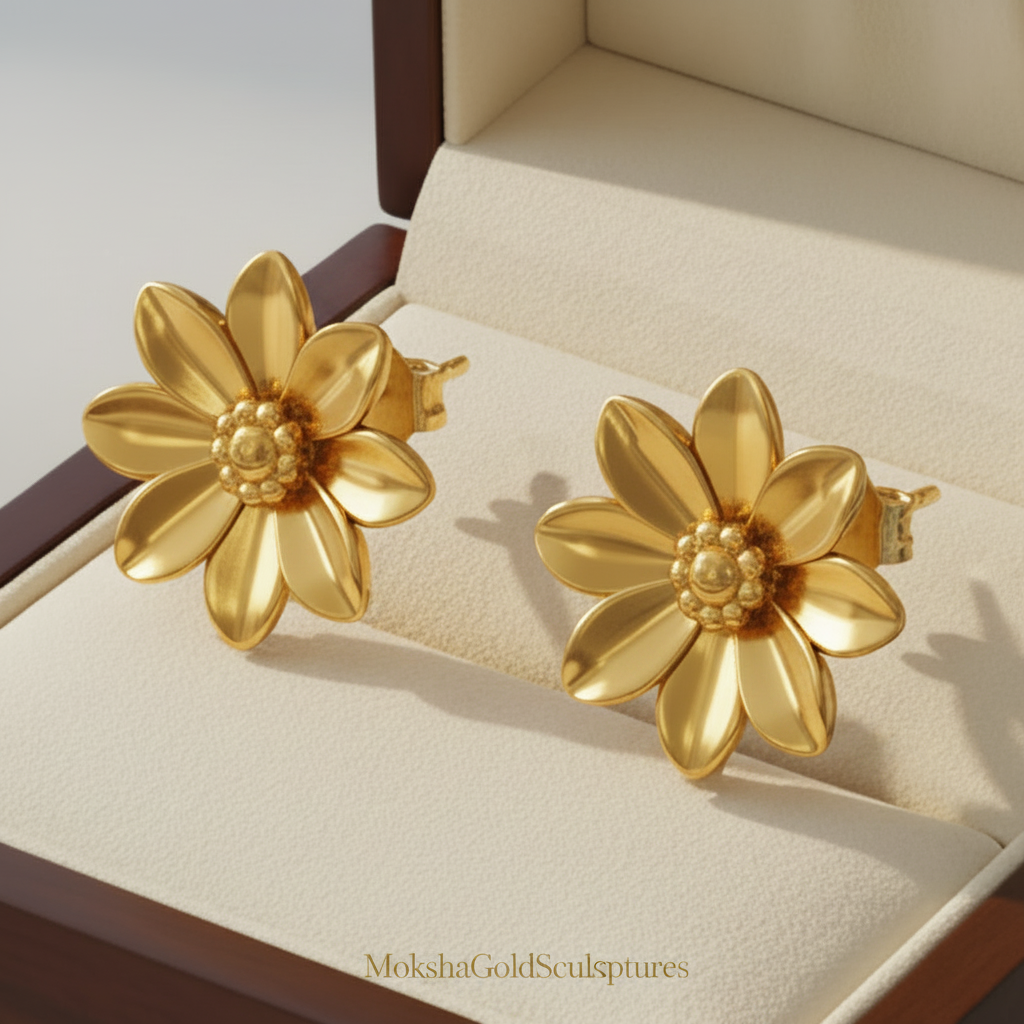 Flower stud earrings in polished brass by MokshaGoldSculptures, shown in an open cream and brown jewelry box.