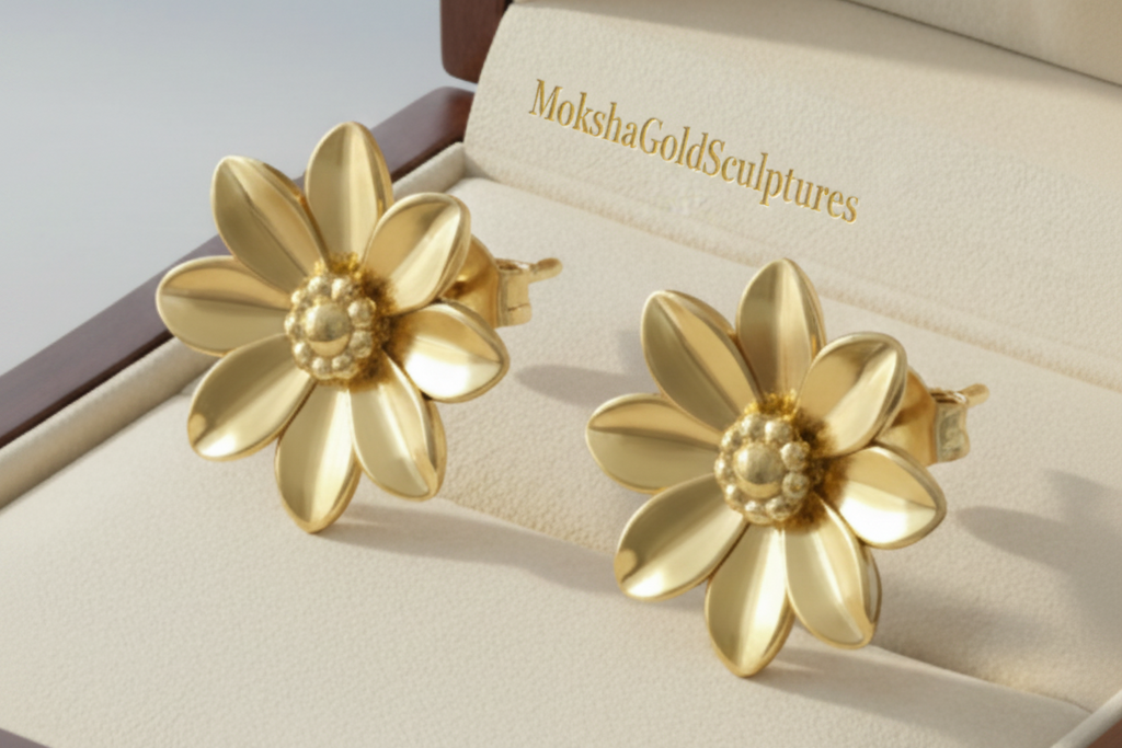 Polished Brass Flower Stud Earrings by MokshaGoldSculptures, layered floral design with textured centers.
